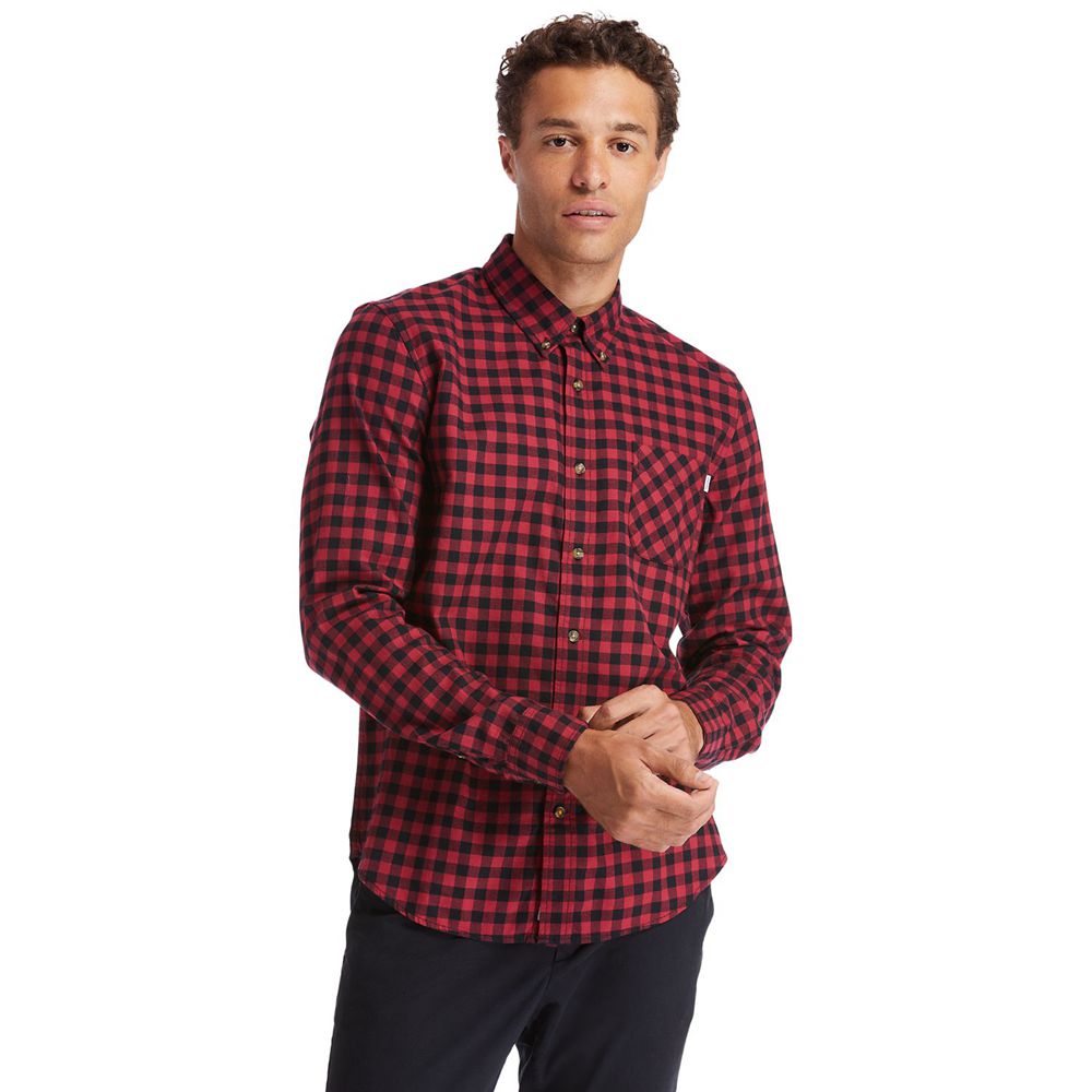 Timberland Mens Shirts Back River Brushed-Cotton Oxford Check - Red/Black - India XV0854672